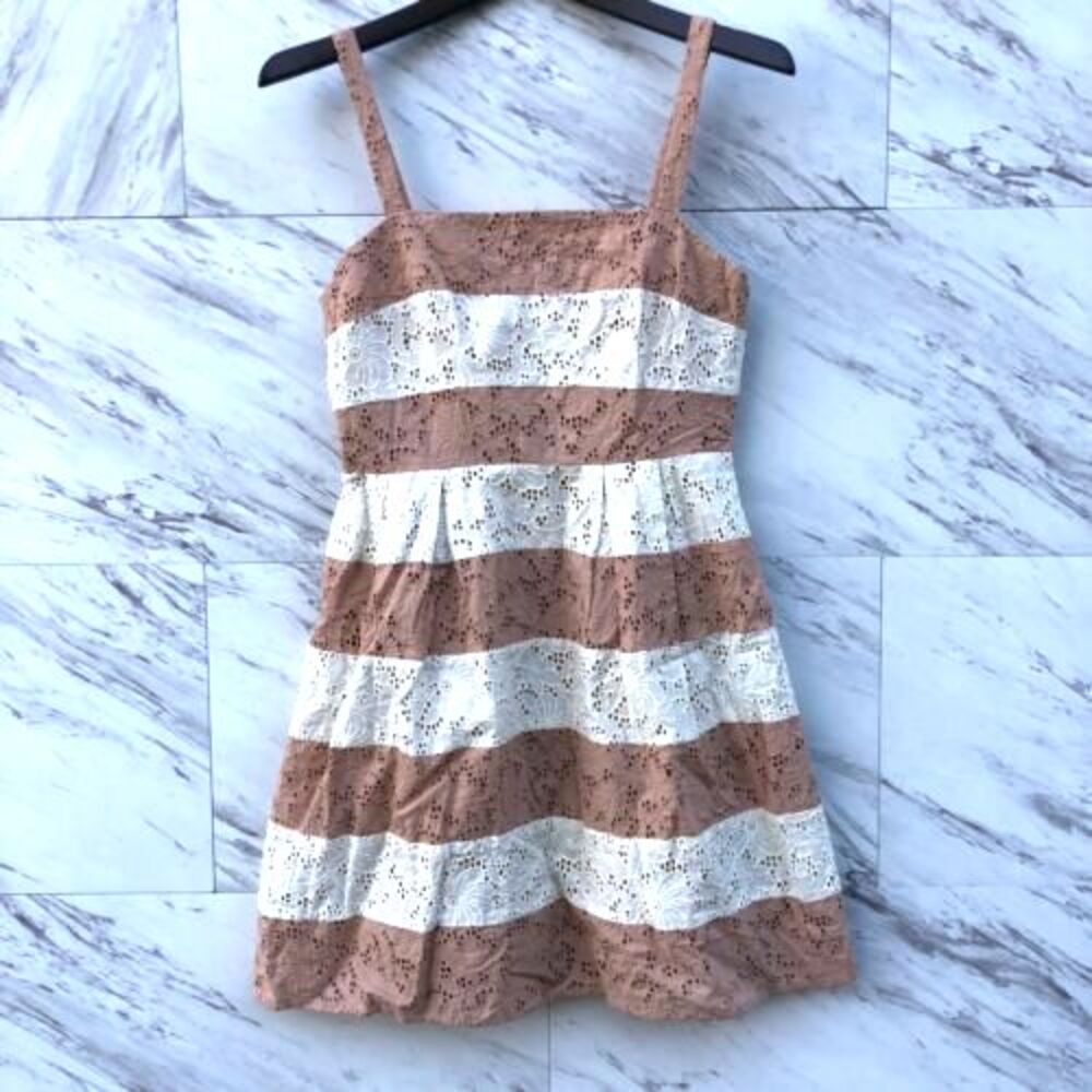 Ann Taylor Loft Sundress A Line Eyelet Sun dress Peach Tan Cream Stripes Size 2